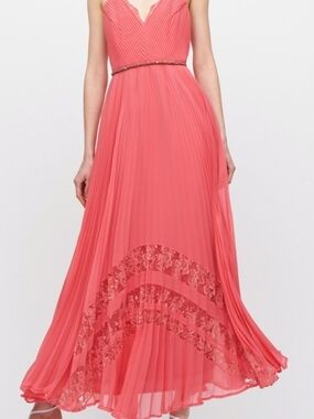 Elegant Coral Pleated Maxi Dress with Lace Insets